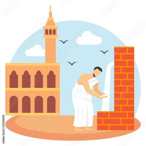 Pilgrimage with zam zam well concept, Person Wearing Ihram and drinking water vector icon design, Eid al-Azha or Eid ul Kabir Symbol, Hajj Sign, Muslims religious Festival Stock illustration