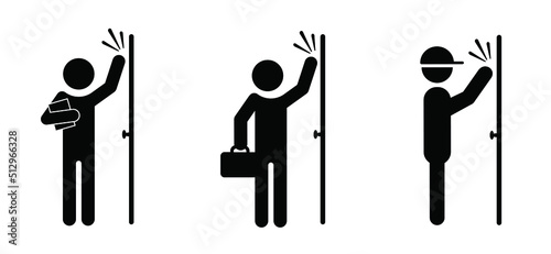 stickman, stick figure man. No sales at the door. No soliciting, faith, creed sign. Stop, do not knock the door or do not disturb sign. No Salesmen or businessman. No sale, shopping or special offer.