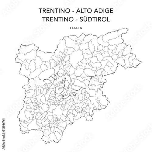 Vector Map of the Geopolitical Subdivisions of the Region of Trentino-Alto Adige or Trentino Südtirol with Provinces and Municipalities (Comuni) as of 2022 - Italy