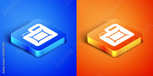 Isometric Canister for motor machine oil icon isolated on blue and orange background. Oil gallon. Oil change service and repair. Engine oil sign. Square button. Vector