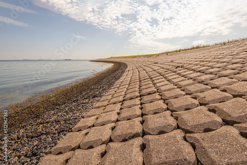 Dike revetment on the bank of a Dutch estuary. The photo was taken on the former island of Tholen in the province of Zeeland.