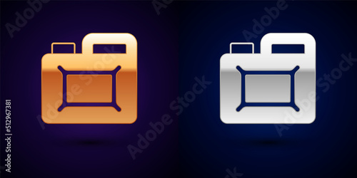 Gold and silver Canister for motor machine oil icon isolated on black background. Oil gallon. Oil change service and repair. Engine oil sign. Vector