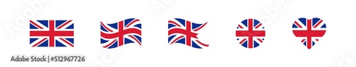 Britain flag icon set. Vector illustration. UK flag badge collection. Great Britain flag in different shapes.