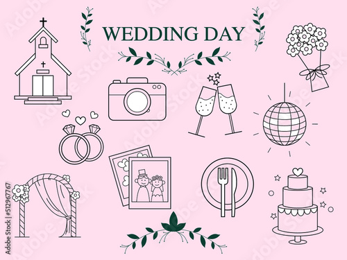 Big day ceremony symbol set for romantic greeting card. Monogram linear flat wedding icon collection. Minimal sign creative design element. Badge timeline invitation template. vector illustration.