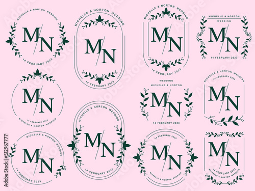 Floral symbol set for romantic greeting card. Monogram linear flat wedding logo collection. Wild nature frame design element. flower border invitation template. vector illustration.