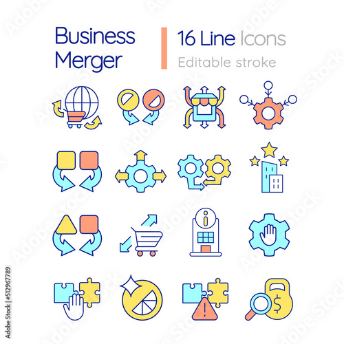 Business merger and consolidation RGB color icons set. Marketing strategy. Isolated vector illustrations. Simple filled line drawings collection. Editable stroke. Quicksand-Light font used