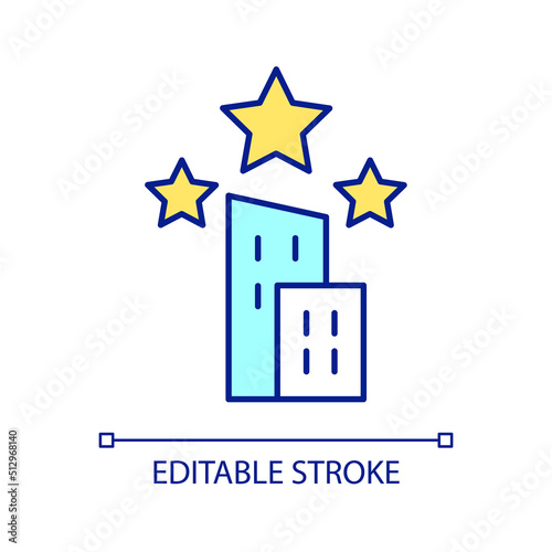 Good reputation RGB color icon. Business center. Hotel building. High rating and prestige. Isolated vector illustration. Simple filled line drawing. Editable stroke. Arial font used