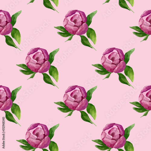 Watercolor vector pattern, seamless, tropical, bright repeating texture with pink flowers peonies buds leaves, background, screensaver, cover