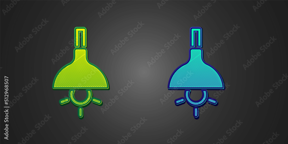 Green and blue Lamp hanging icon isolated on black background. Ceiling lamp light bulb. Vector Green and blue Lamp hanging icon isolated on black background. Ceiling lamp light bulb. Vector