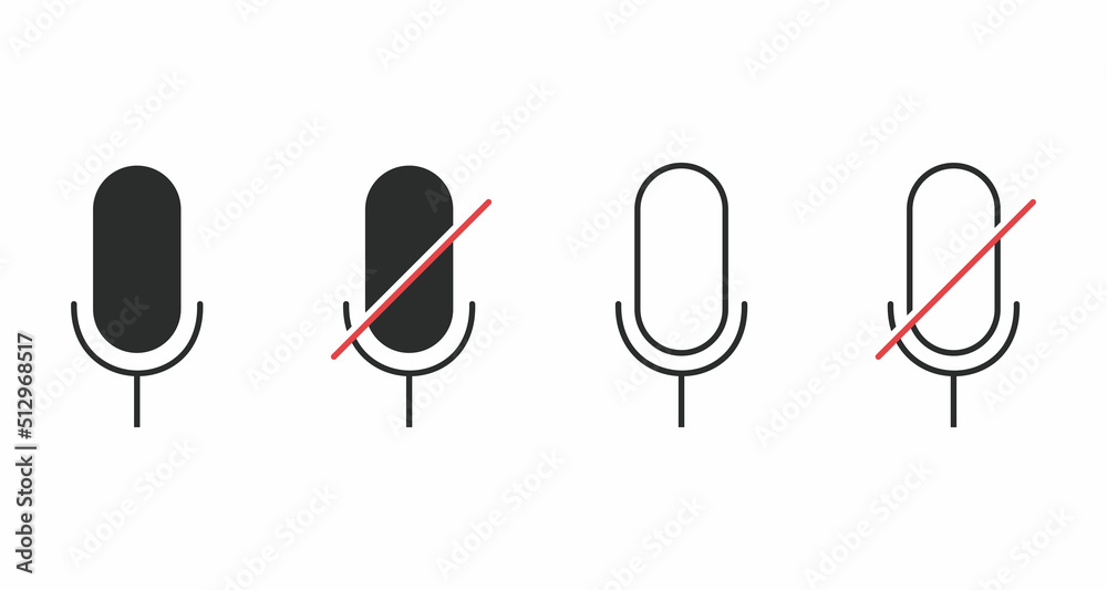 Mute and unmute microphone icon set. Audio voice recording on and off mute symbol. Black fill