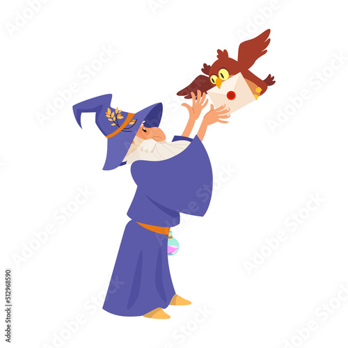 Wizard take a letter. Cartoon illustration of an elderly bearded sorcerer and a magic owl holding a letter in its beak isolated on a white background. Vector 10 EPS.
