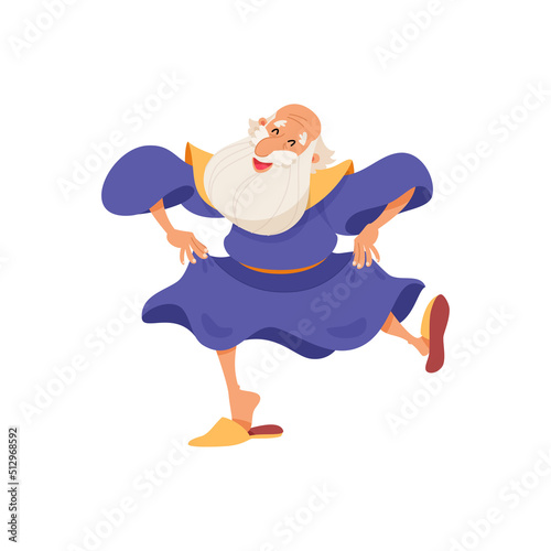 Dancing wizard. Cartoon illustration of a funny elderly sorcerer jumping for joy isolated on a white background. Vector 10 EPS.