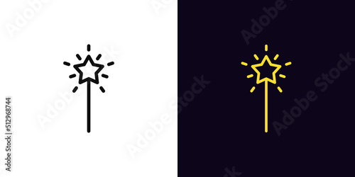 Outline magic wand icon, with editable stroke. Magical stick with star and rays, fairy wand pictogram. Wizard stick