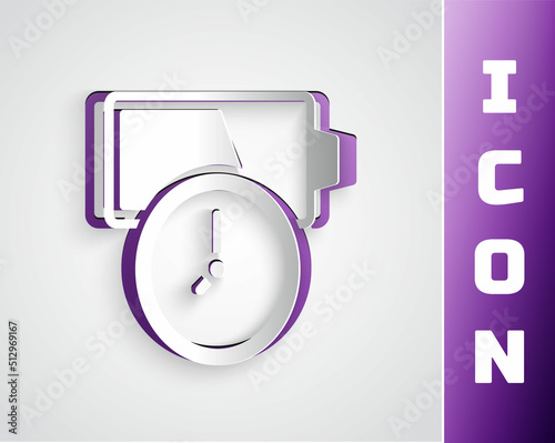 Paper cut Battery charge level indicator icon isolated on grey background. Paper art style. Vector