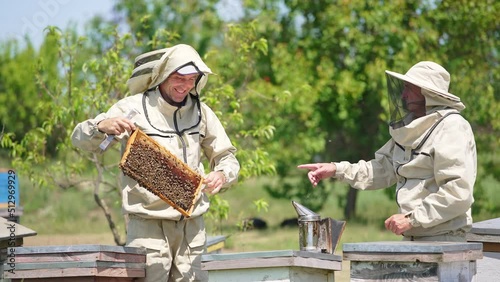 Two apiculturists cooperating at the rural bee farm. Men in special outfits checking frame with bees . Nature backdrop. photo