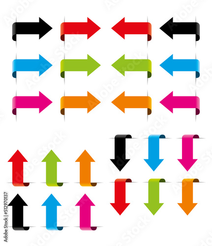Colorful arrows with shadow on white background. All directions. Vector set.
