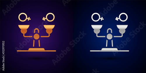 Gold and silver Gender equality icon isolated on black background. Equal pay and opportunity business concept. Vector