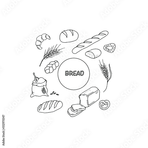A set of bakery products on a white background.
