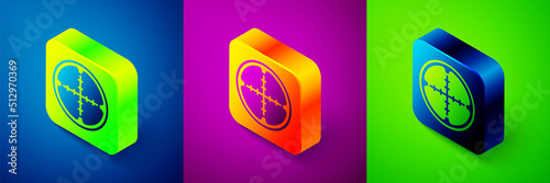 Isometric Sniper optical sight icon isolated on blue, purple and green background. Sniper scope crosshairs. Square button. Vector