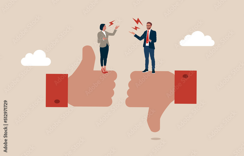 Male and woman furious arguing on difference thumb up and down. Conflict and argument between colleagues, controversy or difference opinion, disagree, confrontation or rivalry fighting. - obrazy, fototapety, plakaty 
