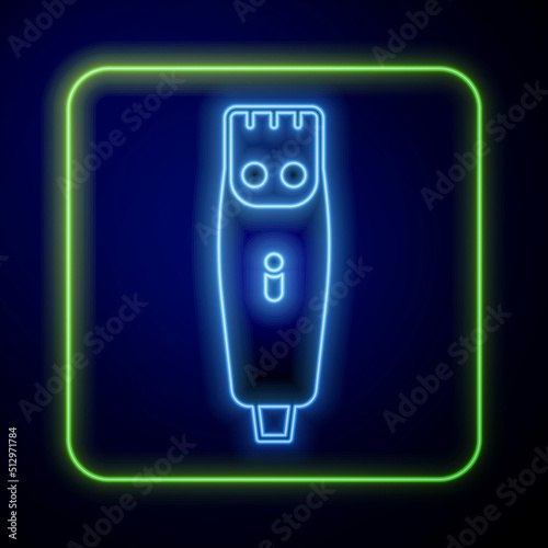 Glowing neon Electrical hair clipper or shaver icon isolated on blue background. Barbershop symbol. Vector
