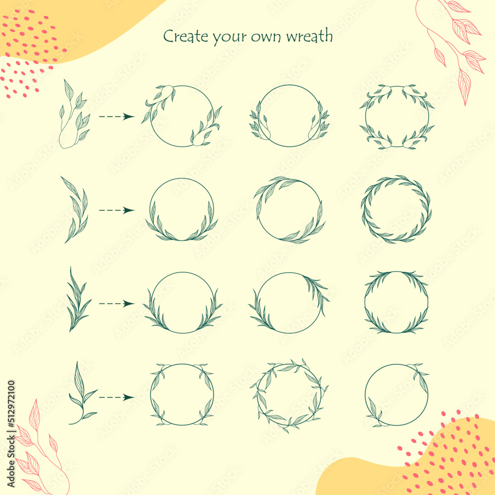 Wreath creation kit. Set of the hand-drawn botanical wreaths. Wedding flourish laurel wreaths for invitation card. Wreath creation kit. Set of the hand-drawn botanical wreaths. Wedding flourish laurel wreaths for invitation card.