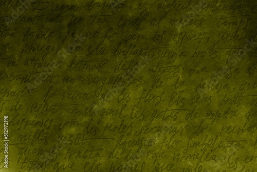 Green antique abstract retro unreadable ink written text.Dark wall old manuscript love letter.Vintage handwriting calligraphy pattern texture.Textured paper background.Write.Inscription.