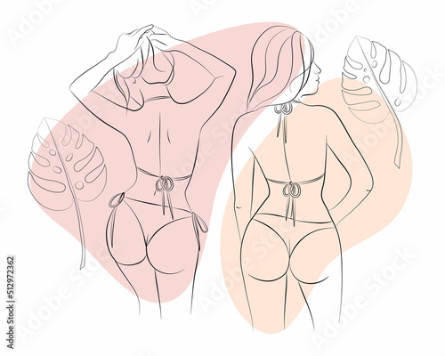 Vector illustration of a young woman in a bikini with floral ornament and abstracts on the background