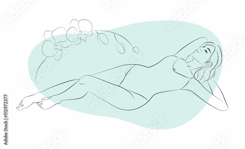 Vector illustration of a young woman in a one-piece swimsuit with floral ornament and abstracts on the background