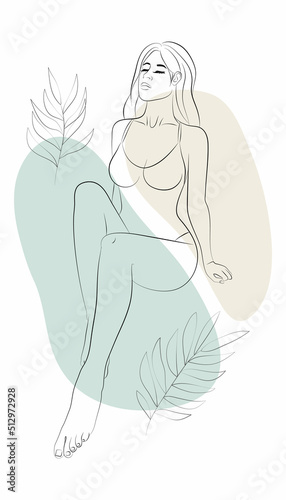 Vector illustration of a young woman in a one-piece swimsuit with floral ornament and abstracts on the background