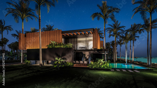 3d rendering of modern cozy house with parking and pool for sale or rent with wood plank facade by the sea or ocean. Starlight night by the azure coast with palm trees and flowers in tropical island