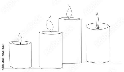 candles drawing in one continuous line, isolated, vector