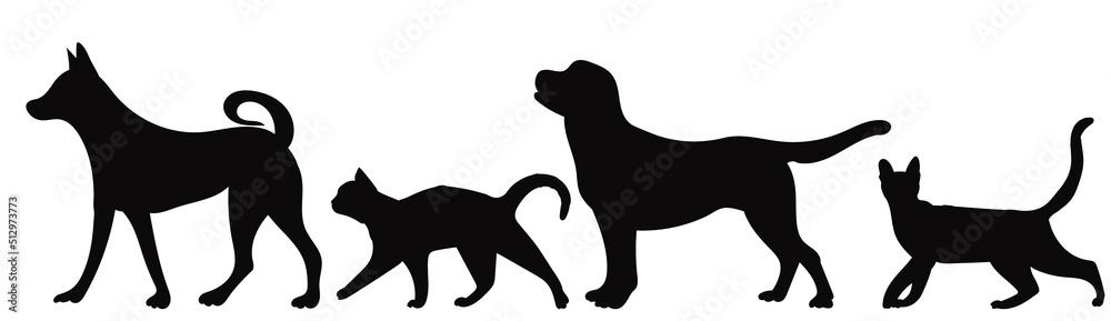 dogs and cats go silhouette on white background, isolated, vector