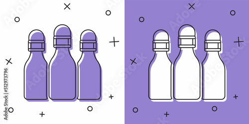 Set Bowling pin icon isolated on white and purple background. Vector