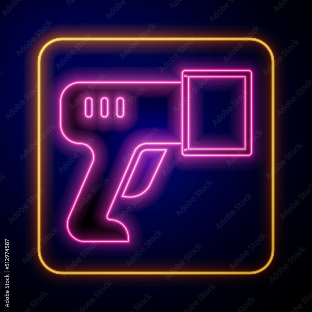 Glowing neon Scanner scanning bar code icon isolated on black background. Barcode label sticker. Identification for delivery with bars. Vector