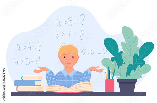 Little boy is sitting at a table with a book and sadly spreads her hands. Schoolboy doing homework. There are math examples in the background. Vector illustration in flat style