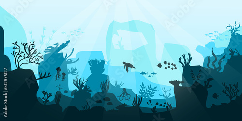 Underwater ocean background. Black silhouettes swimming sea fish with corals and vector plants.