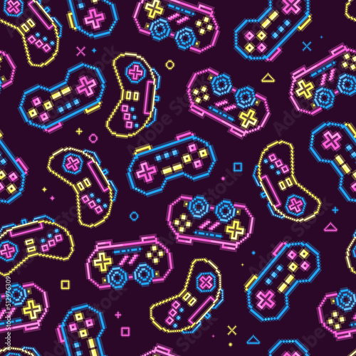 Vector pixelated seamless pattern of gamepads. Neon.