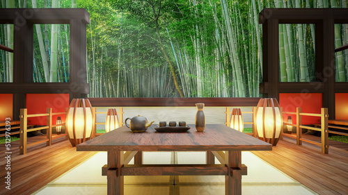 3D Rendering of Quaint Modern Chinese Tea House in a Bamboo Grove