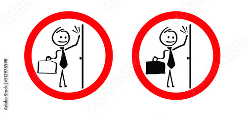 stickman, stick figure man. No sales at the door. No soliciting, faith, creed, or religious sign. Stop, do not knock the door or do not disturb sign. No Salesmen. No sale, shopping or special offer.