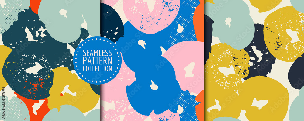 Fototapeta premium Set with botanical seamless patterns with flowers. Vector backgrounds, prints