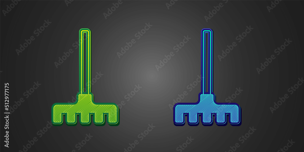 Green and blue Garden rake icon isolated on black background. Tool for horticulture, agriculture, farming. Ground cultivator. Housekeeping equipment. Vector