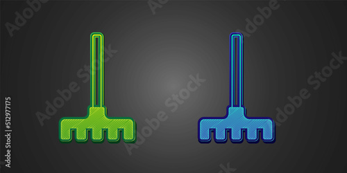 Green and blue Garden rake icon isolated on black background. Tool for horticulture, agriculture, farming. Ground cultivator. Housekeeping equipment. Vector