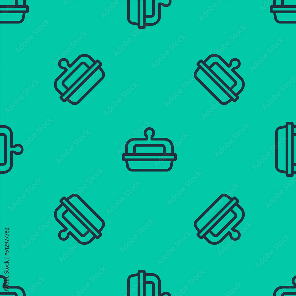 Blue line Butter in a butter dish icon isolated seamless pattern on green background. Butter brick on plate. Milk based product. Natural dairy product. Vector Blue line Butter in a butter dish icon isolated seamless pattern on green background. Butter brick on plate. Milk based product. Natural dairy product. Vector