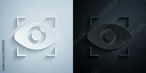 Paper cut Big brother electronic eye icon isolated on grey and black background. Global surveillance technology, computer systems and networks security. Paper art style. Vector