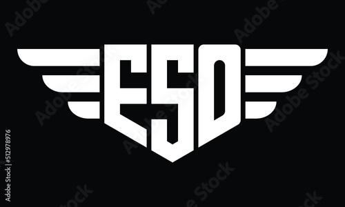 ESO three letter logo, creative wings shape logo design vector template. letter mark, wordmark, monogram symbol on black & white.