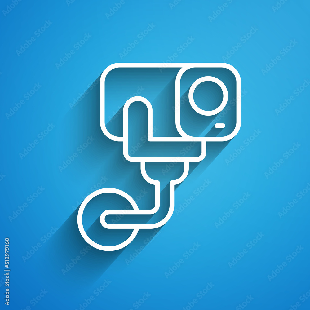 White line Security camera icon isolated on blue background. Long shadow. Vector White line Security camera icon isolated on blue background. Long shadow. Vector