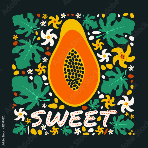 Hand drawn papaya. Sweet tropical shirt print. Botanical floral poster. Cute bright fruits, flowers, leaves. Exotic flat art. Scandinavian style. Childish doodle design. Isolated vector illustration