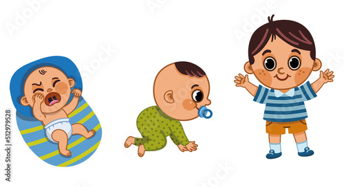 Stages of development of a boy from infancy to childhood. Vector illustration.
