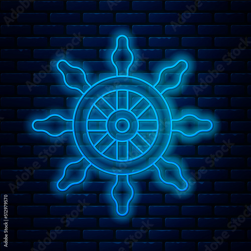Glowing neon line Ship steering wheel icon isolated on brick wall background. Vector
